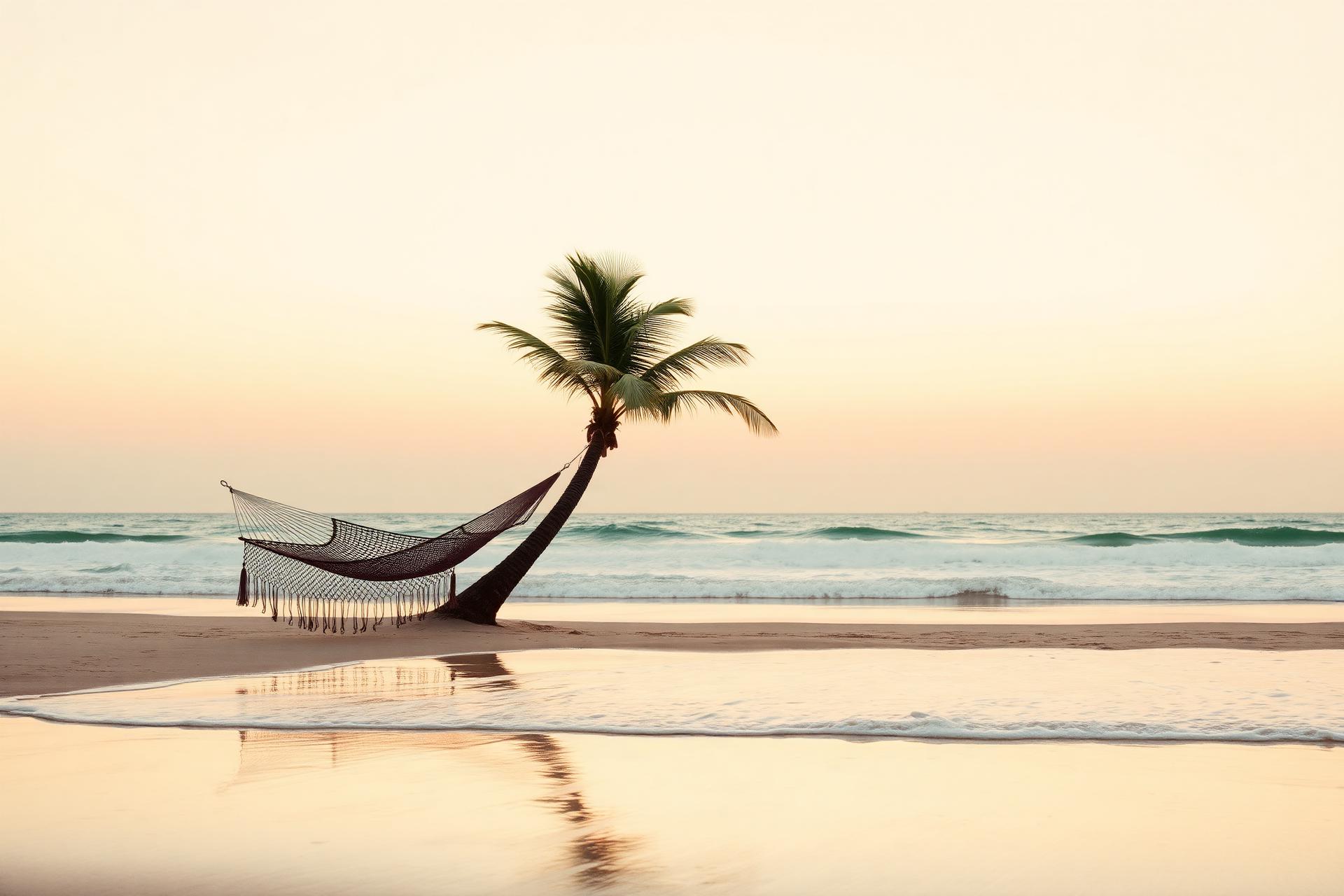 Atardecer en la costa del Pacífico mexicano con una hamaca solitaria entre palmeras